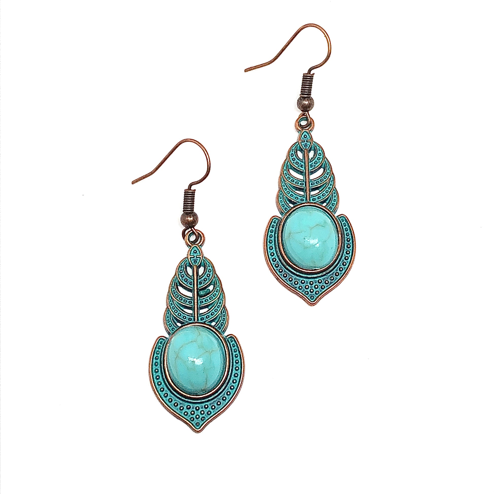 Dangle Earrings | Womens Rustic Antiqued Copper Turquoise Fern Leaf Teardrop Earrings
