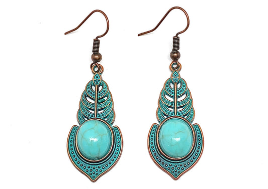 Dangle Earrings | Womens Rustic Antiqued Copper Turquoise Fern Leaf Teardrop Earrings