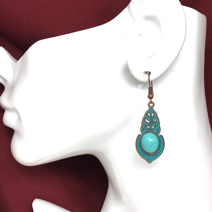 Womens Rustic Antiqued Copper Turquoise Fern Leaf Teardrop Dangle Earrings