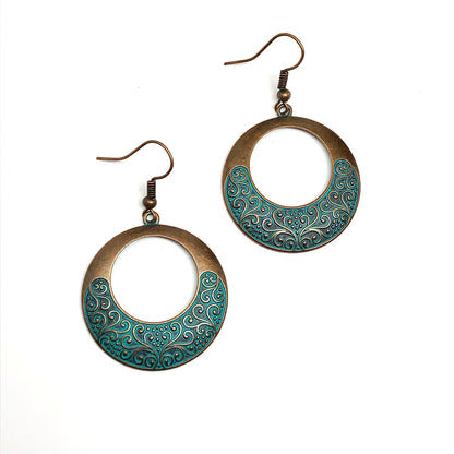 Dangle Earrings | Womens Rustic Bronze Scrolling Turquoise Eccentric Circle Earrings