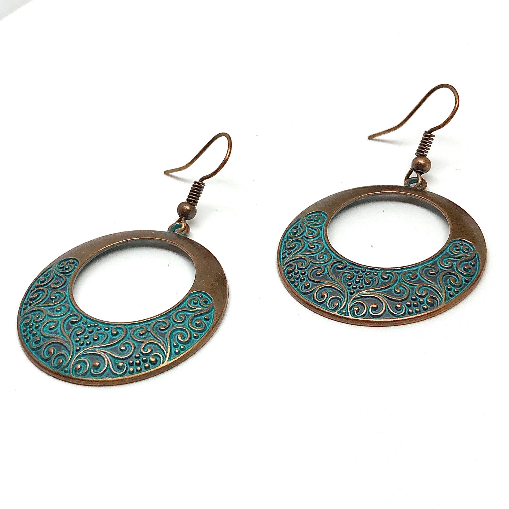 Dangle Earrings | Womens Rustic Bronze Scrolling Turquoise Eccentric Circle Earrings