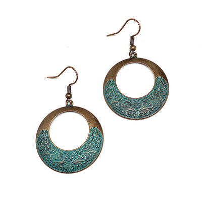 Dangle Earrings | Womens Rustic Bronze Scrolling Turquoise Eccentric Circle Earrings