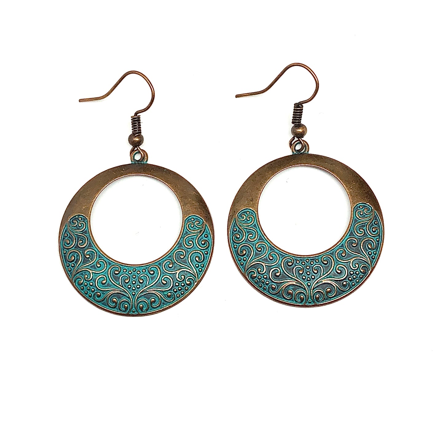 Dangle Earrings | Womens Rustic Bronze Scrolling Turquoise Eccentric Circle Hoop Earrings