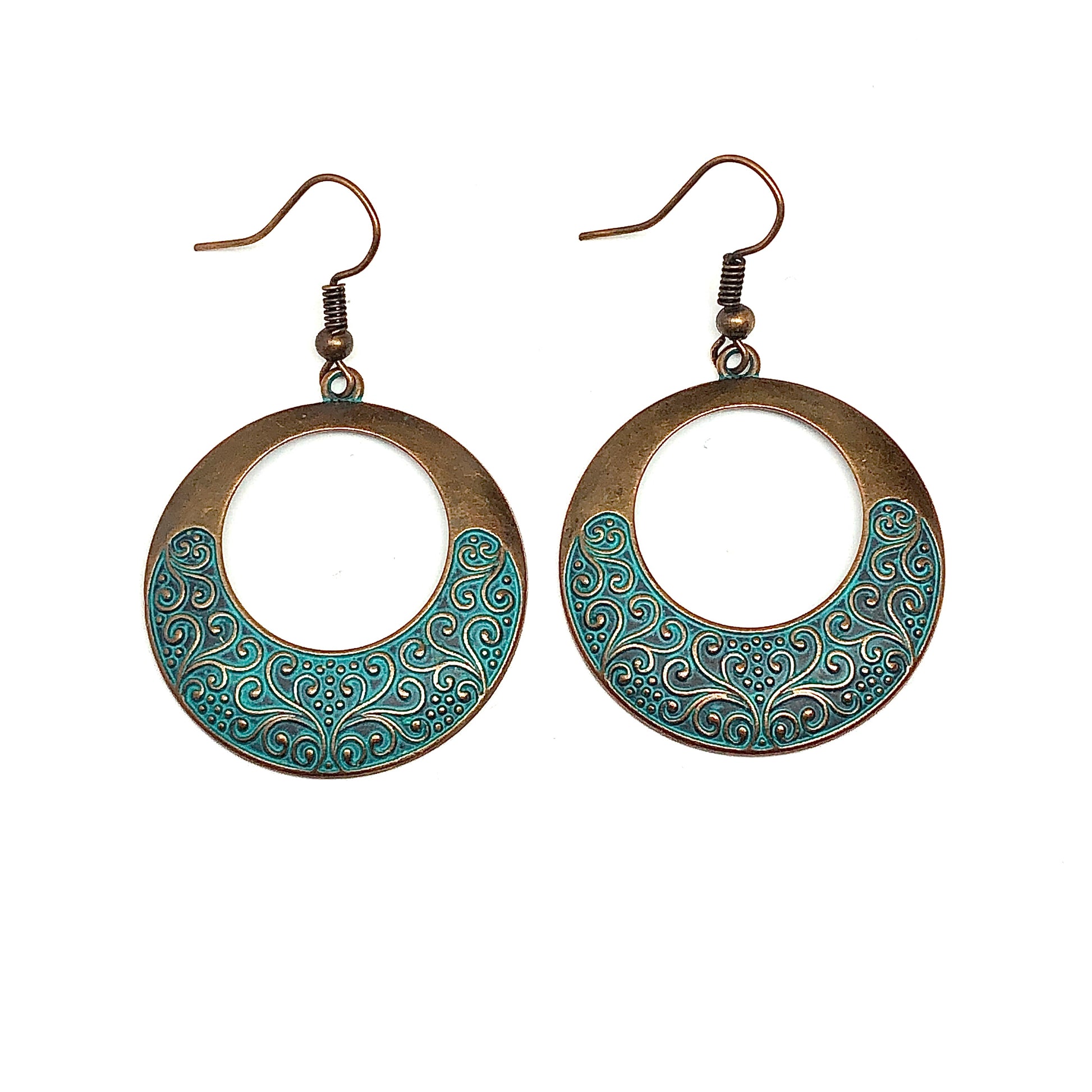 Dangle Earrings | Womens Rustic Bronze Scrolling Turquoise Eccentric Circle Hoop Earrings