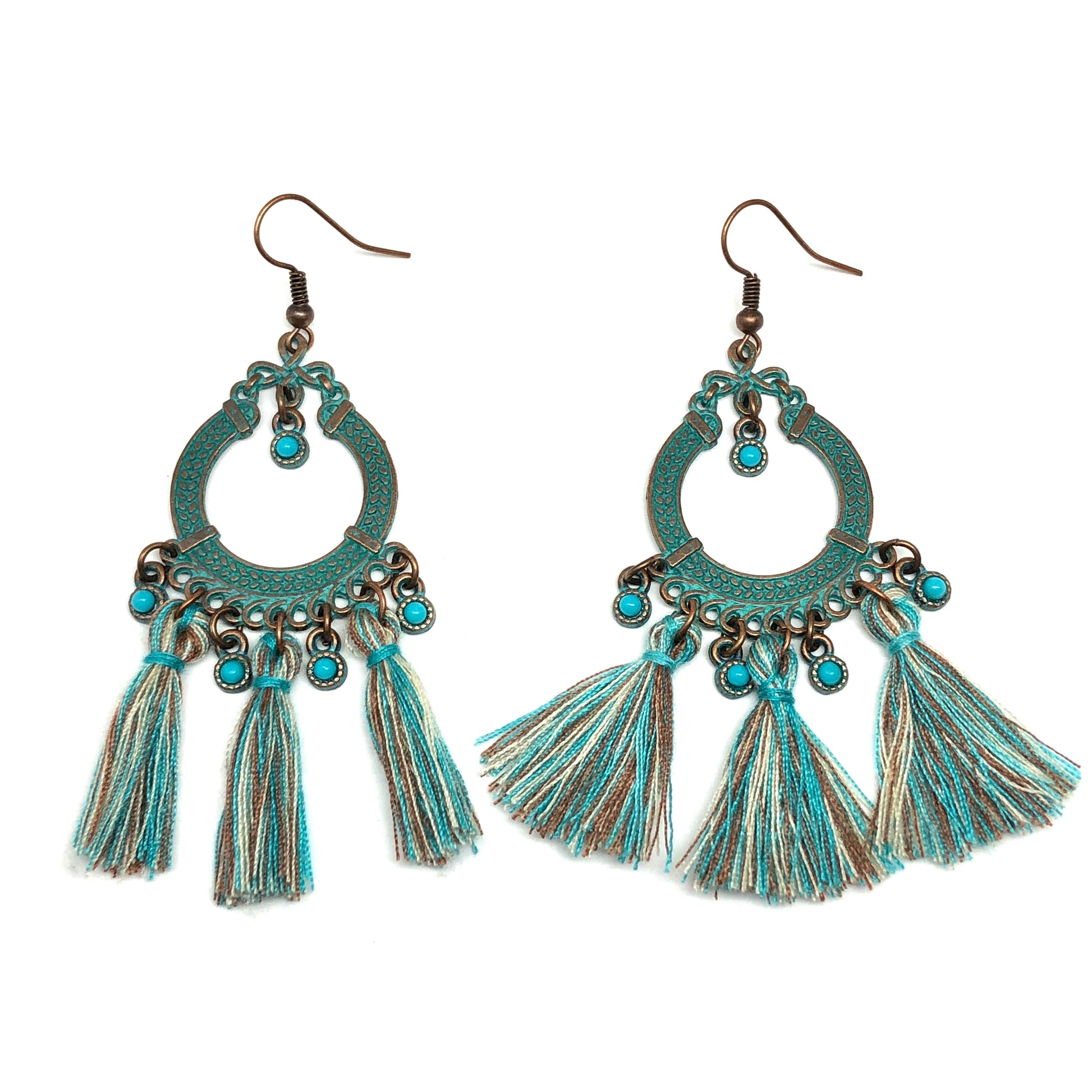 Tassel Earrings | Copper Verdigris Old World Celtic Wreath Tassel Earrings | Western and Boho Style Jewelry | Dangle Earrings in Sage