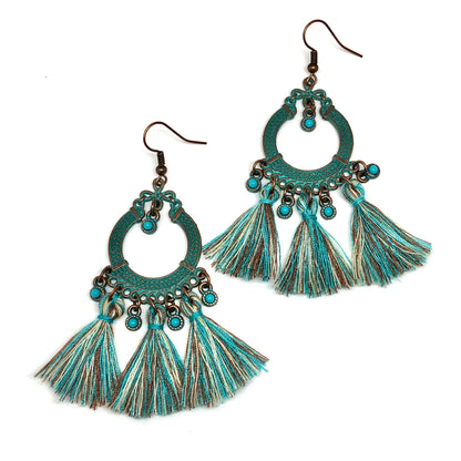 Tassel Earrings | Copper Verdigris Old World Celtic Wreath Tassel Earrings | Western and Boho Style Jewelry | Dangle Earrings in Sage