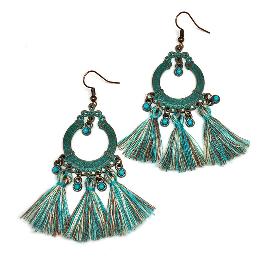 Tassel Earrings | Copper Verdigris Old World Celtic Wreath Tassel Earrings | Western and Boho Style Jewelry | Dangle Earrings in Sage