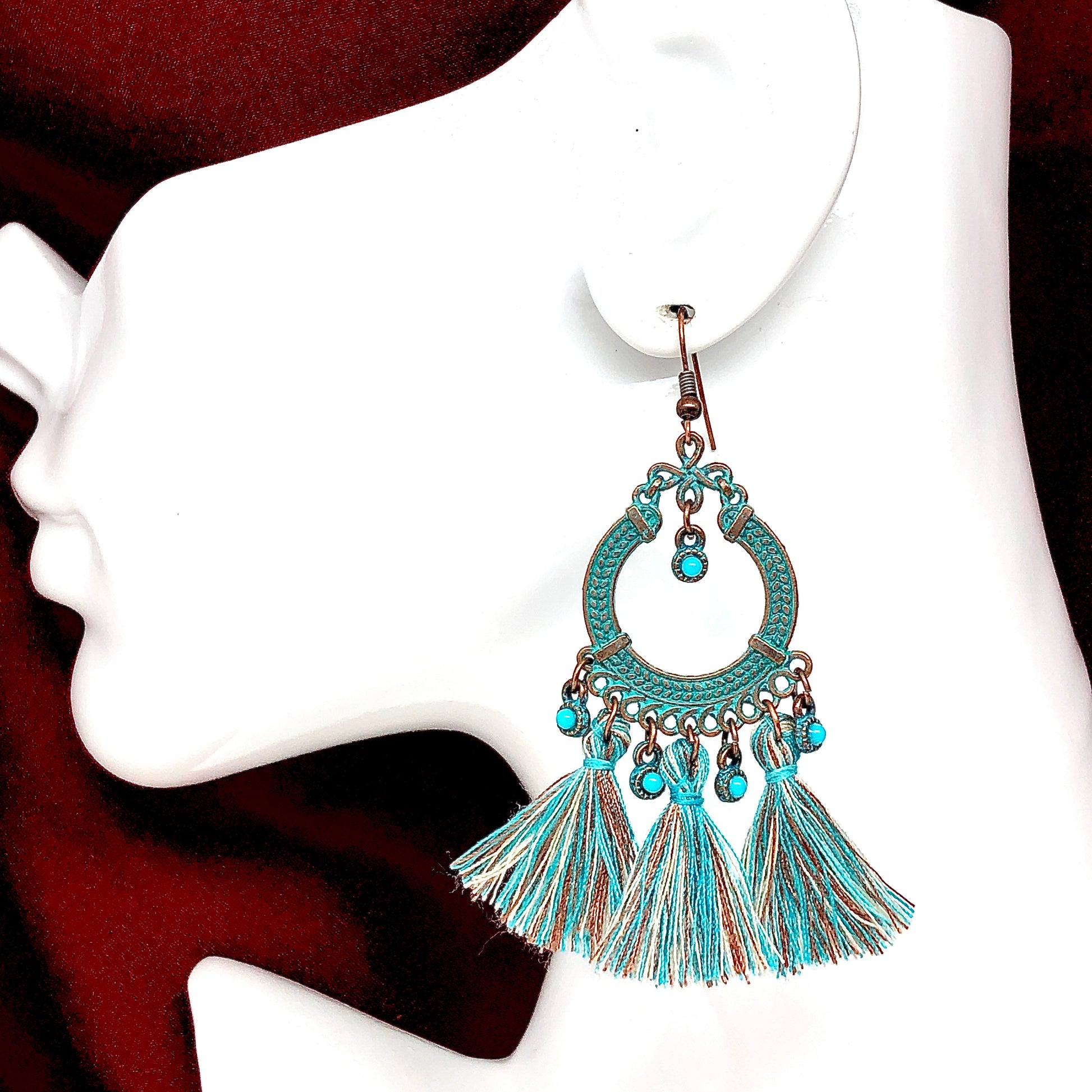 Tassel Earrings | Copper Verdigris Old World Celtic Wreath Tassel Earrings | Western and Boho Style Jewelry