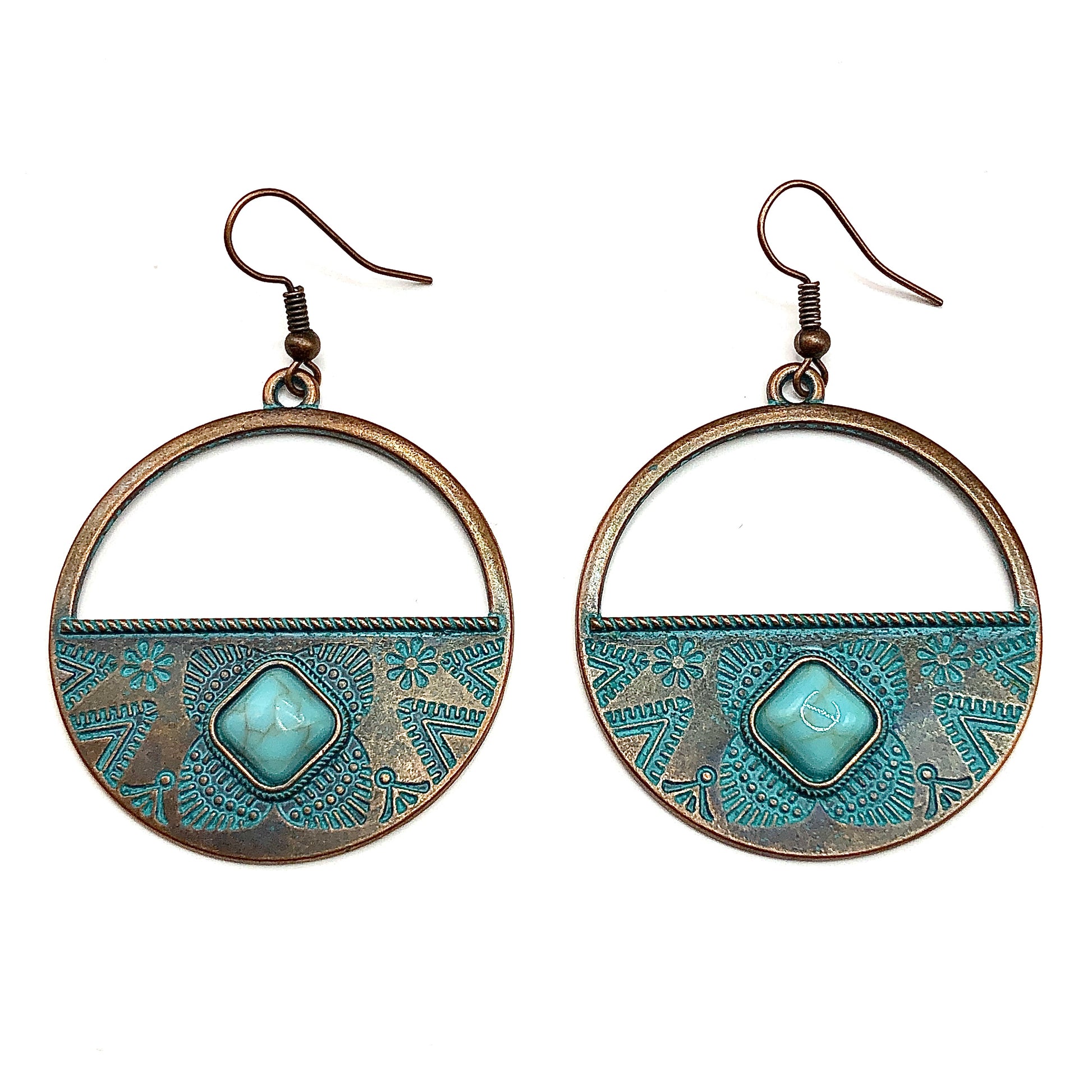 Earrings | Big Hoop Earrings | Antiqued Turquoise Pendulum Style Earrings | Boho Jewelry | Circle Dangle Earrings