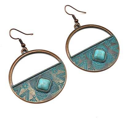 Earrings | Big Hoop Earrings | Antiqued Turquoise Pendulum Style Earrings | Boho Jewelry | Circle Dangle Earrings