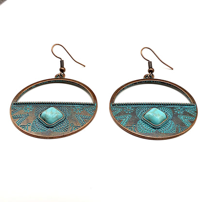 Earrings | Big Hoop Earrings | Antiqued Turquoise Pendulum Style Earrings | Boho Jewelry | Circle Dangle Earrings