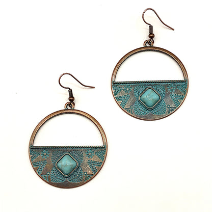 Earrings | Big Hoop Earrings | Antiqued Turquoise Pendulum Style Earrings | Boho Jewelry | Circle Dangle Earrings