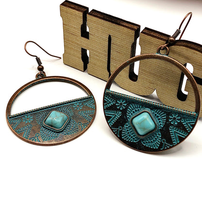 Earrings | Big Hoop Earrings | Antiqued Turquoise Pendulum Style Earrings | Boho Jewelry | Circle Dangle Earrings