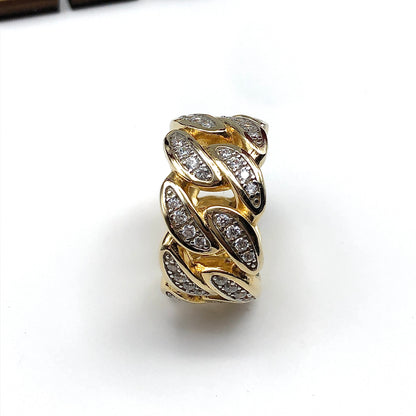 Ring Iced Out | sz9.5 Shimmery Cz Sterling Gold Curb Chain Ring | Wide Band | Used Jewelry