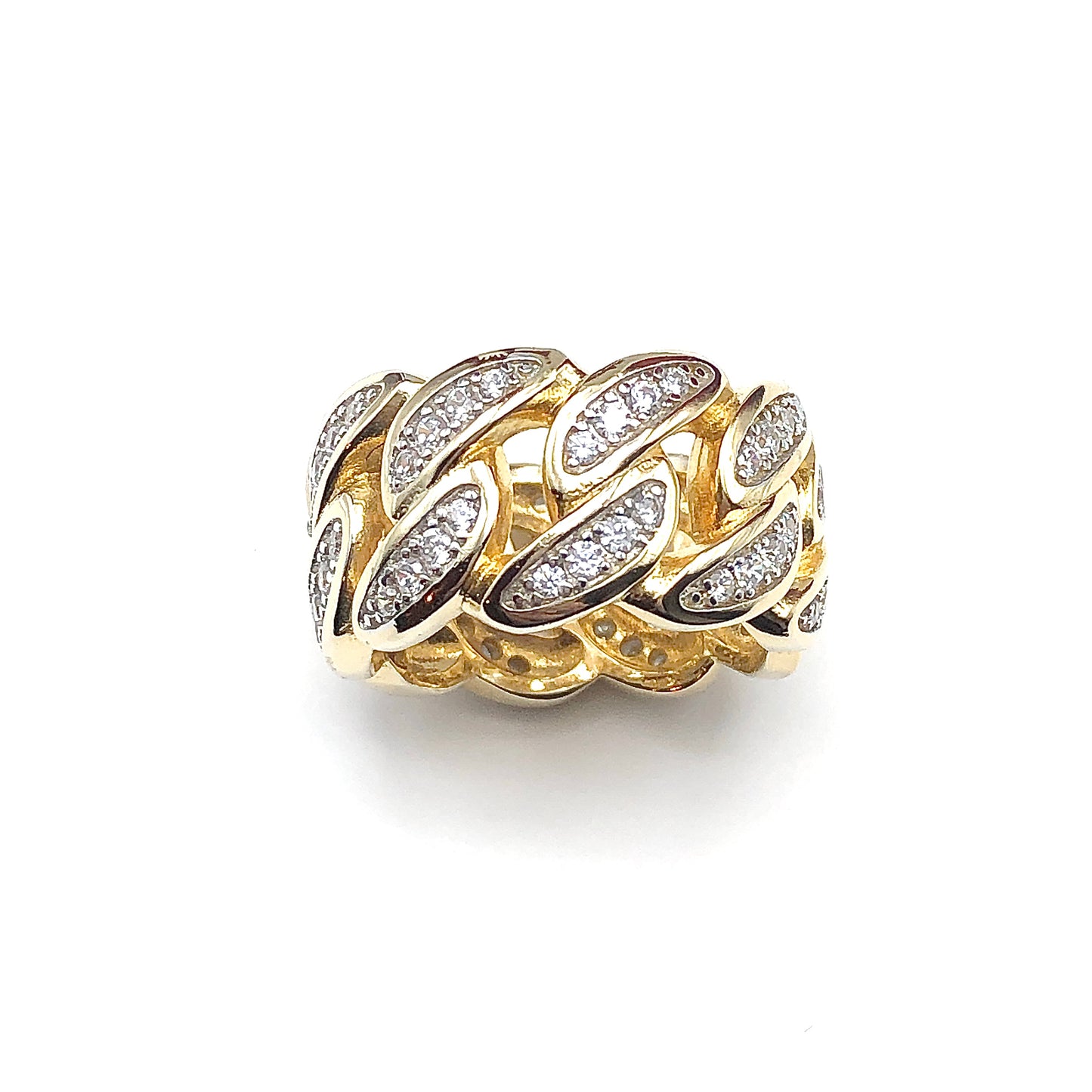 Sz9.5 Bold Bling Gold Curb Chain Design Sterling Silver Wide Band Ring