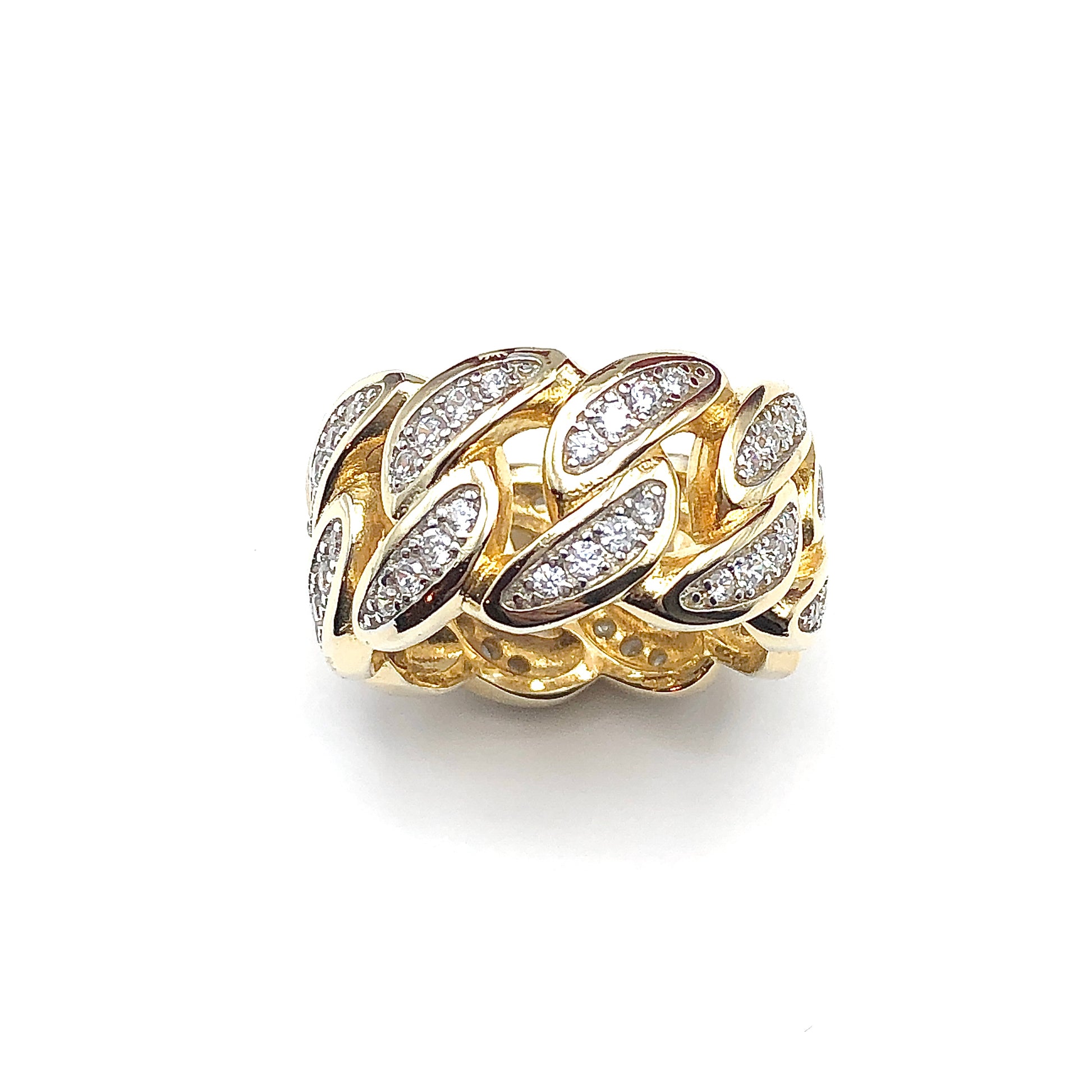 Sz9.5 Bold Bling Gold Curb Chain Design Sterling Silver Wide Band Ring