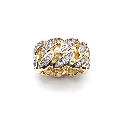 Sz9.5 Bold Bling Gold Curb Chain Design Sterling Silver Wide Band Ring