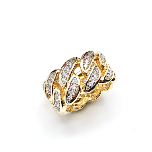 Sz9.5 Bold Bling Gold Curb Chain Design Sterling Silver Wide Band Ring