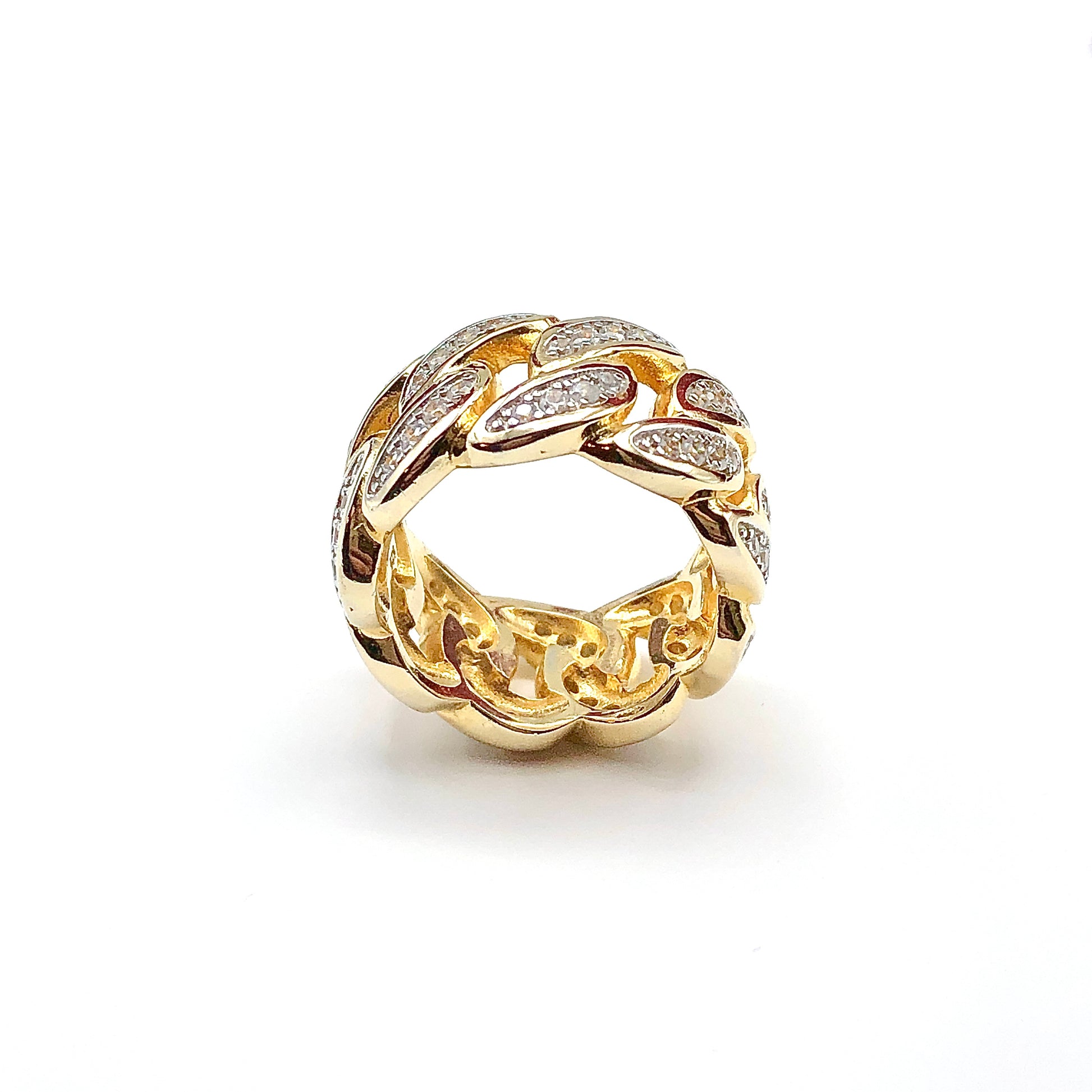 Sz9.5 Bold Bling Gold Curb Chain Design Sterling Silver Wide Band Ring