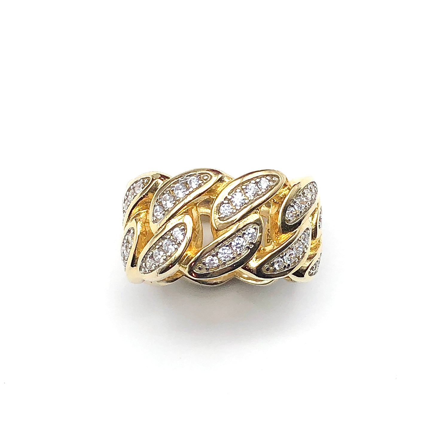 Ring Iced Out | sz9.5 Shimmery Cz Sterling Gold Curb Chain Ring | Wide Band