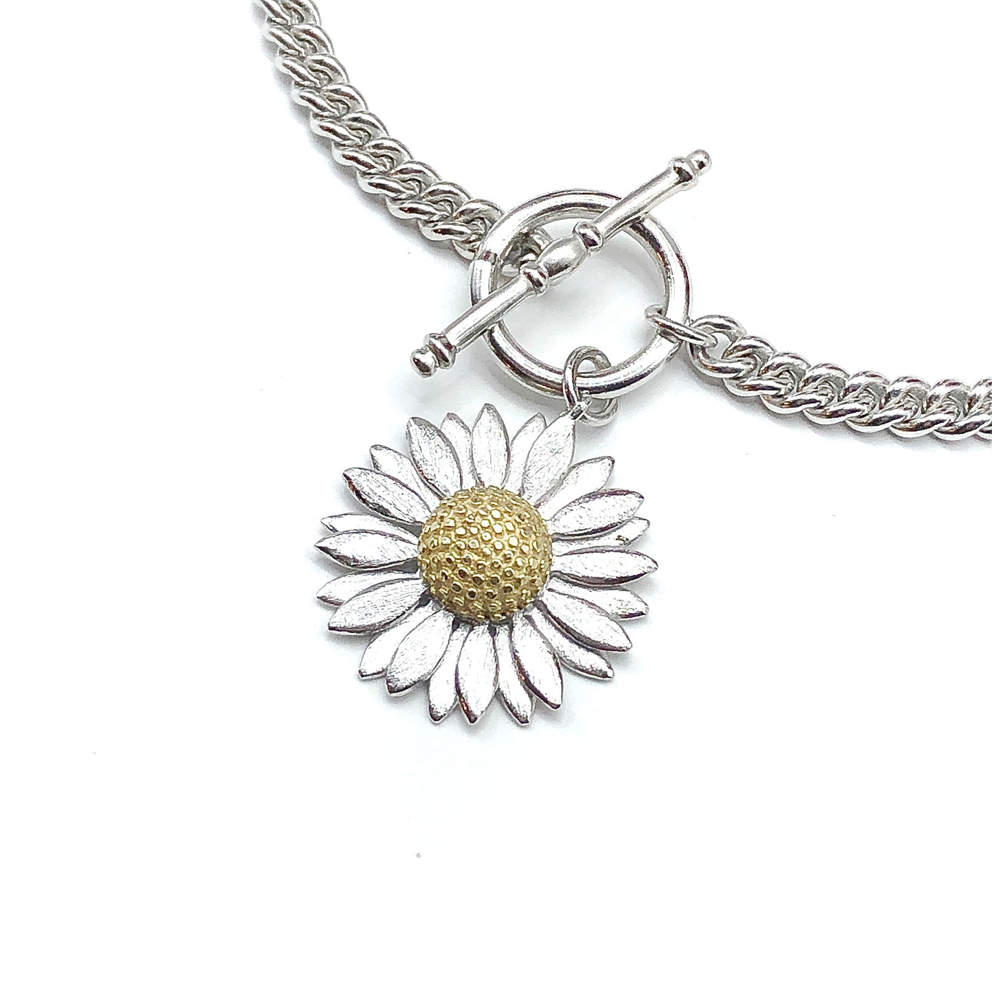 Silver Bracelet | Charm Bracelet | 925 Sterling Rustic Boho Style Daisy Flower Toggle Bracelet