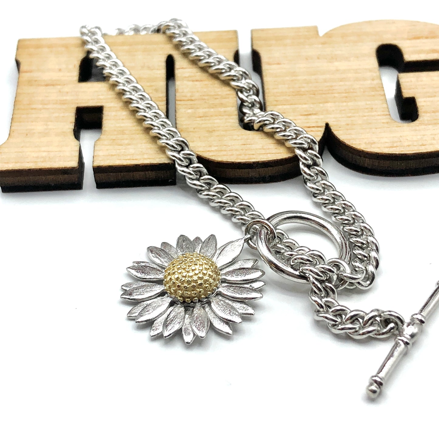 Silver Bracelet | Charm Bracelet | 925 Sterling Rustic Style Daisy Flower Toggle Bracelet