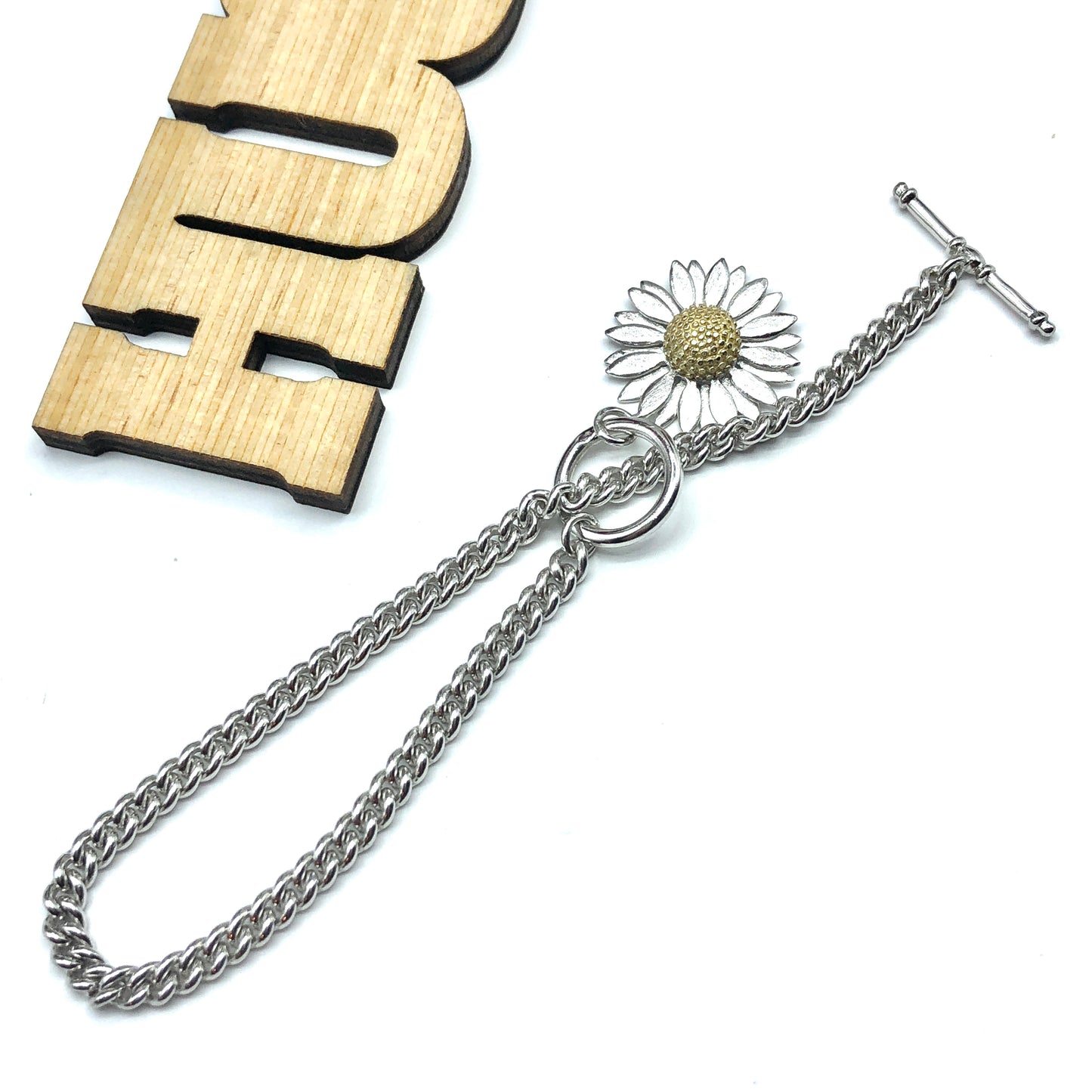 Silver Bracelet | Charm Bracelet | 925 Sterling Rustic Style Daisy Flower Toggle Bracelet