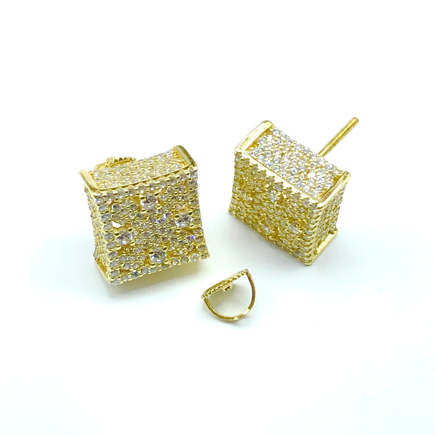 Iced Out Stud Earrings | Bold Sterling Silver Gold Square Earrings