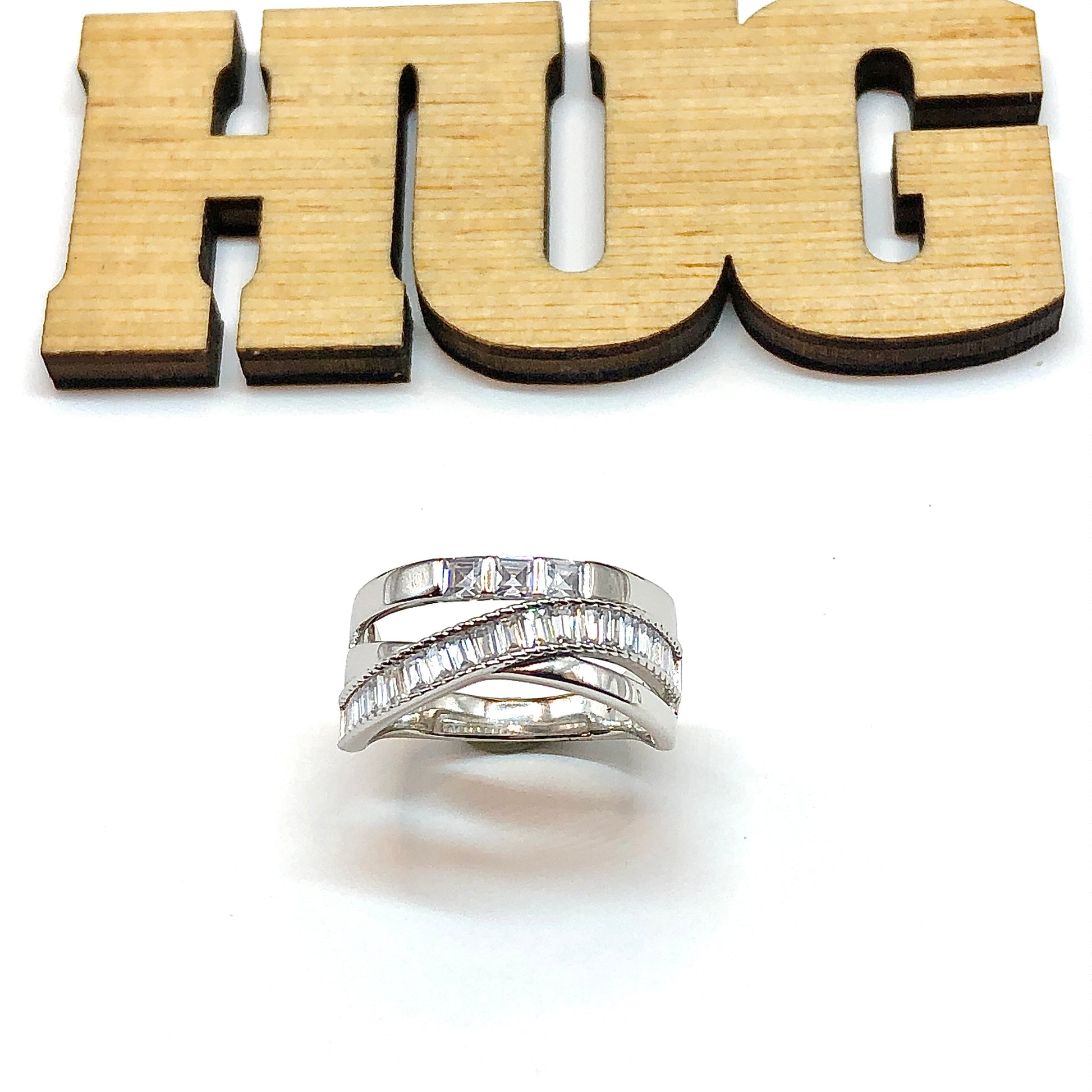 Silver Ring | Crossover Ring | Beautiful 925 Sterling Bypassing Baguette Cubic Zirconia Band