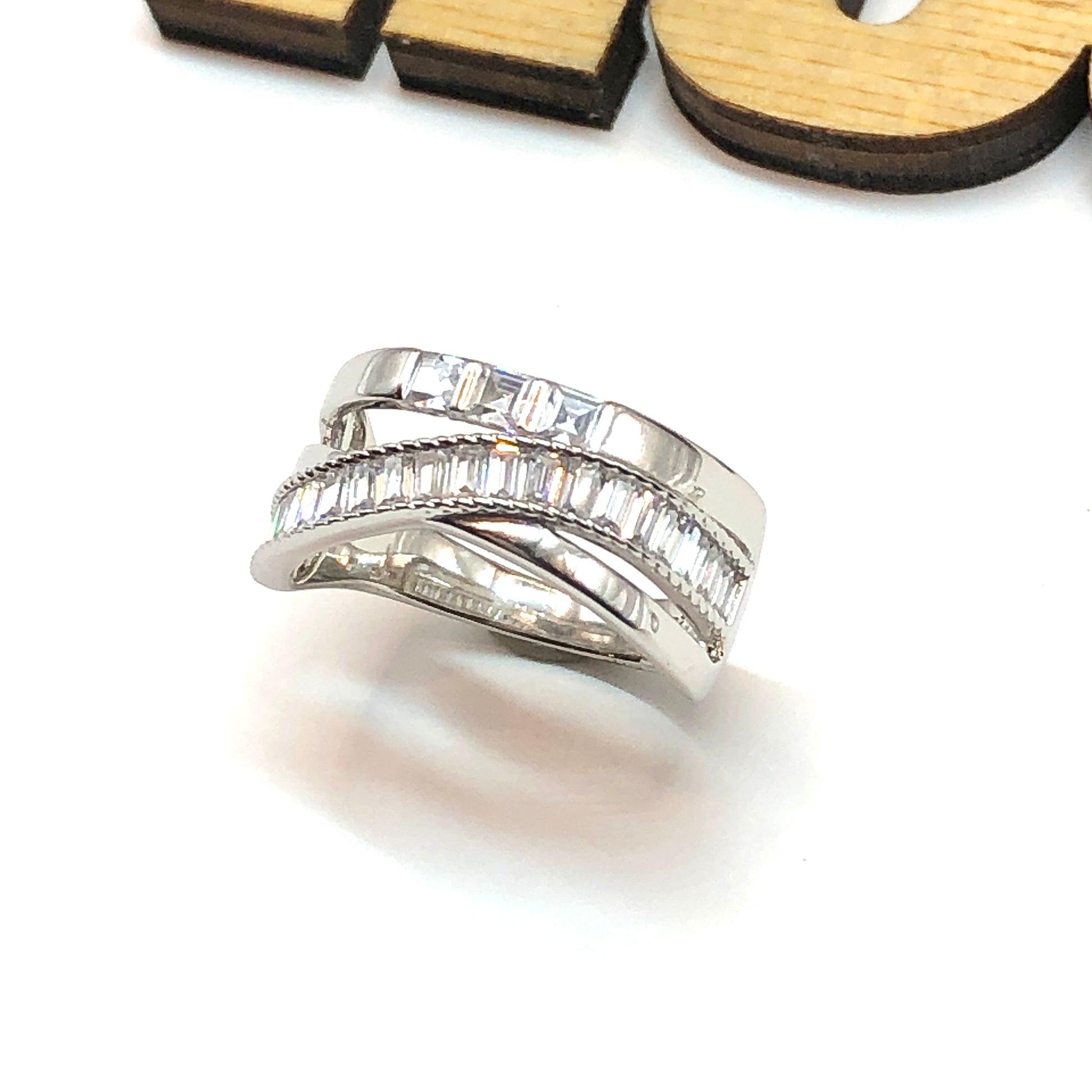 Silver Ring | Crossover Ring | Beautiful 925 Sterling Bypassing Baguette Cubic Zirconia Band