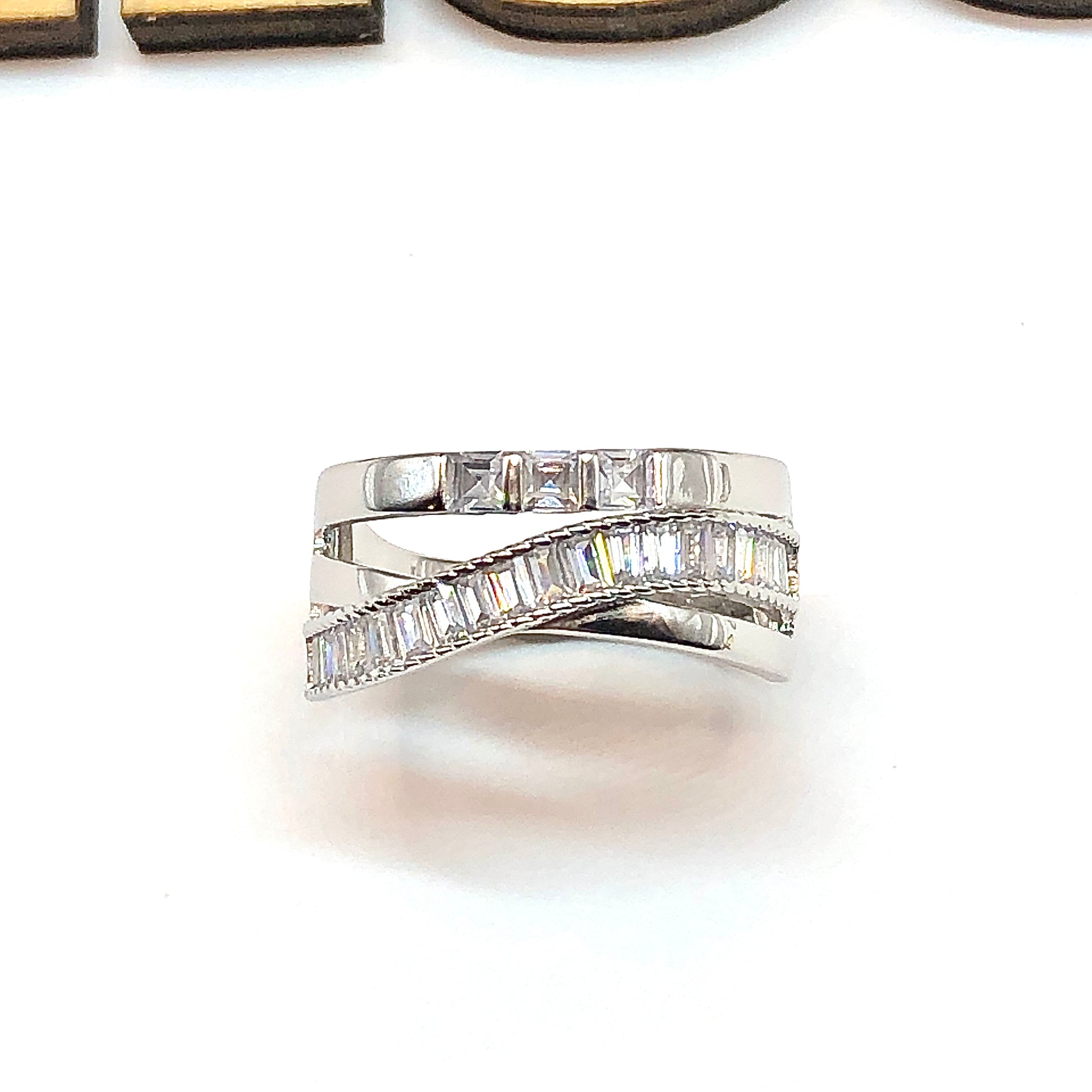 Crossover Ring | Beautiful 925 Sterling Bypassing Baguette Cubic Zirconia Band