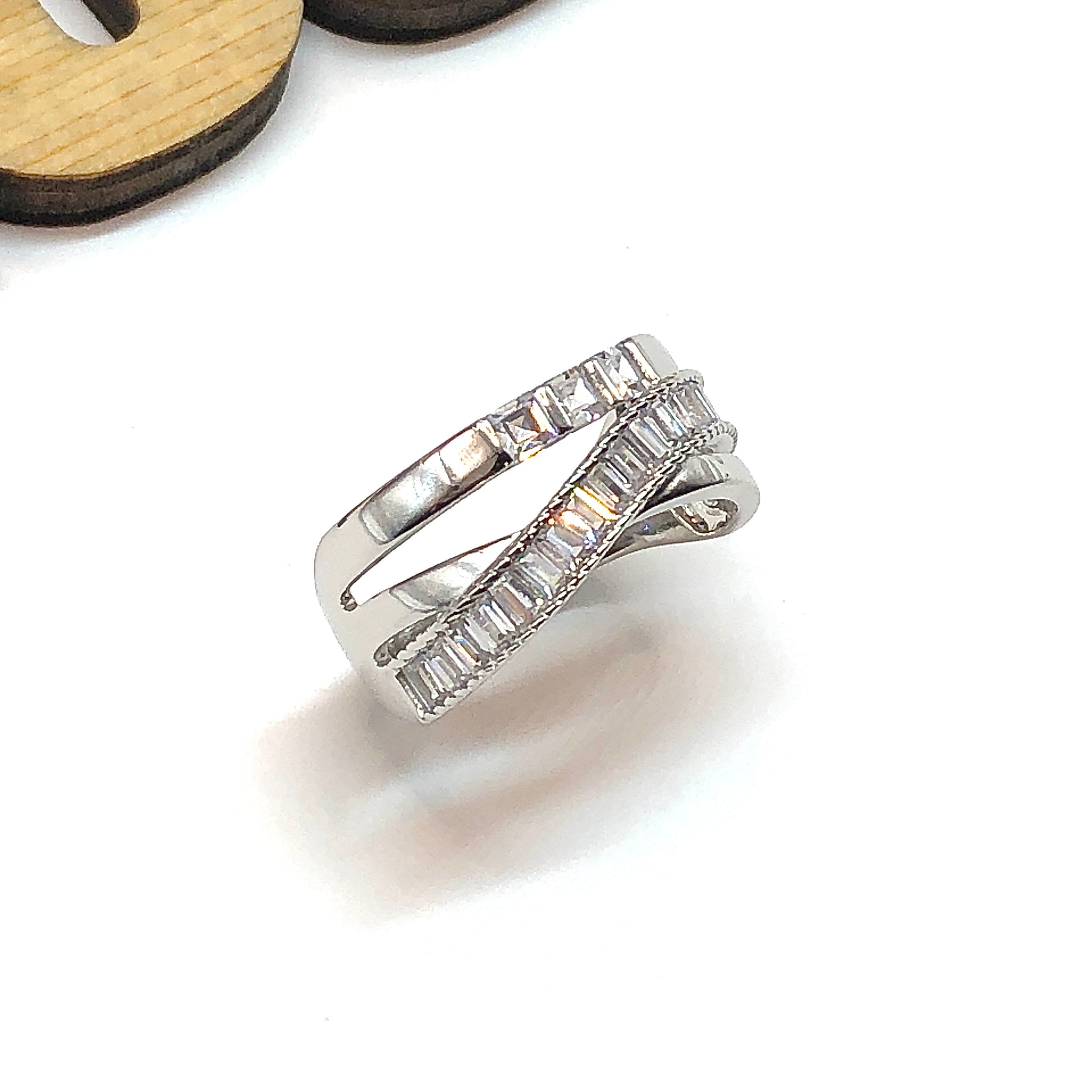 Silver Ring | Crossover Ring | Beautiful 925 Sterling Bypassing Baguette Cubic Zirconia Band