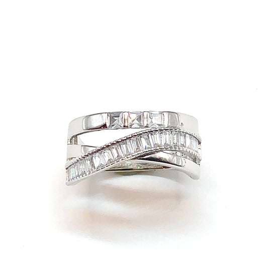 Silver Ring | Crossover Ring | Beautiful 925 Sterling Bypassing Baguette Cubic Zirconia Band