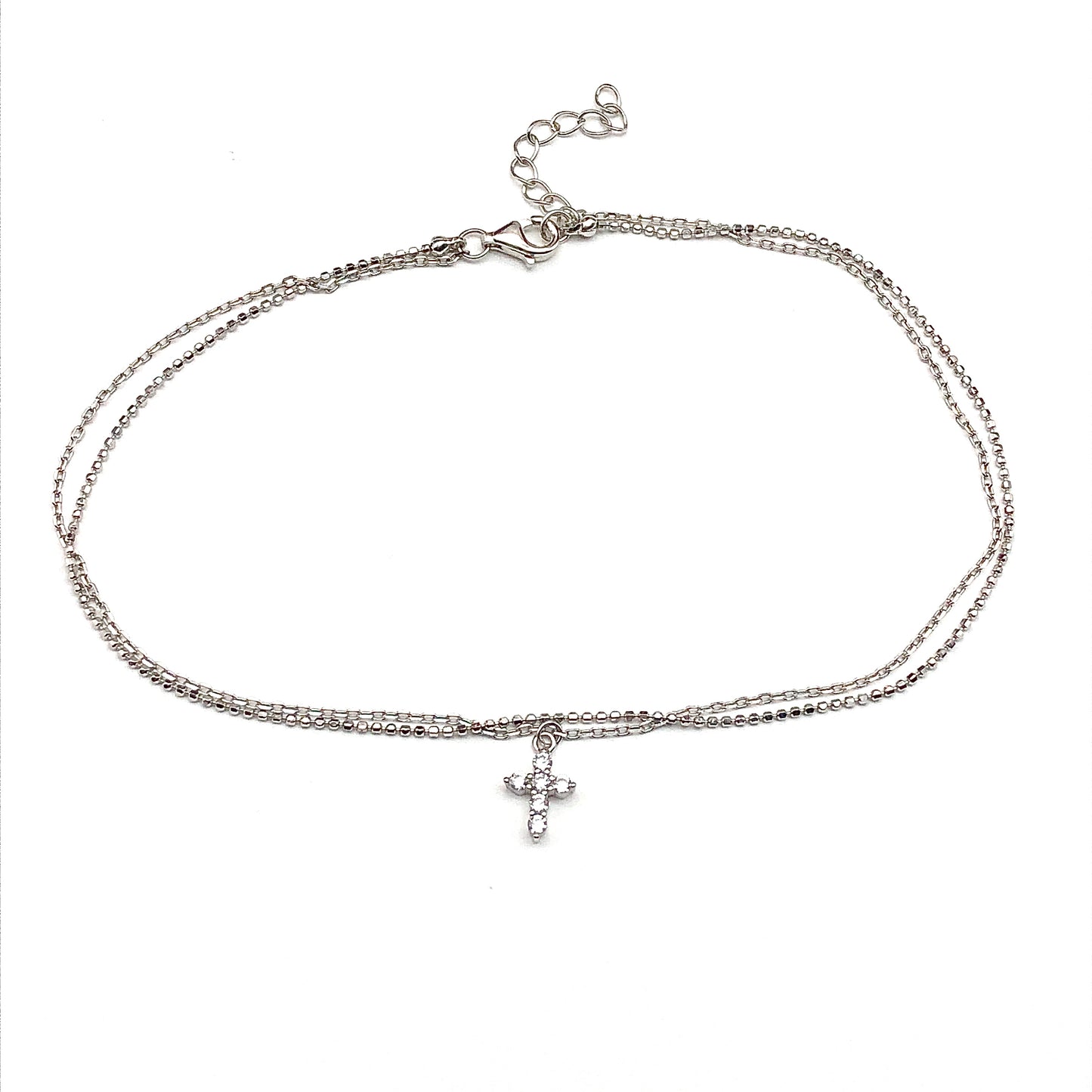 Ankle Bracelet | Cross Charm | Sterling Silver Delicate Glittering 2 Strand Layered Anklet