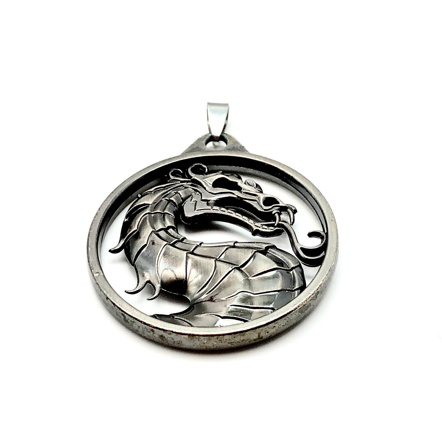 Pendant - Men's Edgy Style Oxidized Carbon Mythical Dragon Medallion Pendant | Estate Jewelry | Snake Pendant