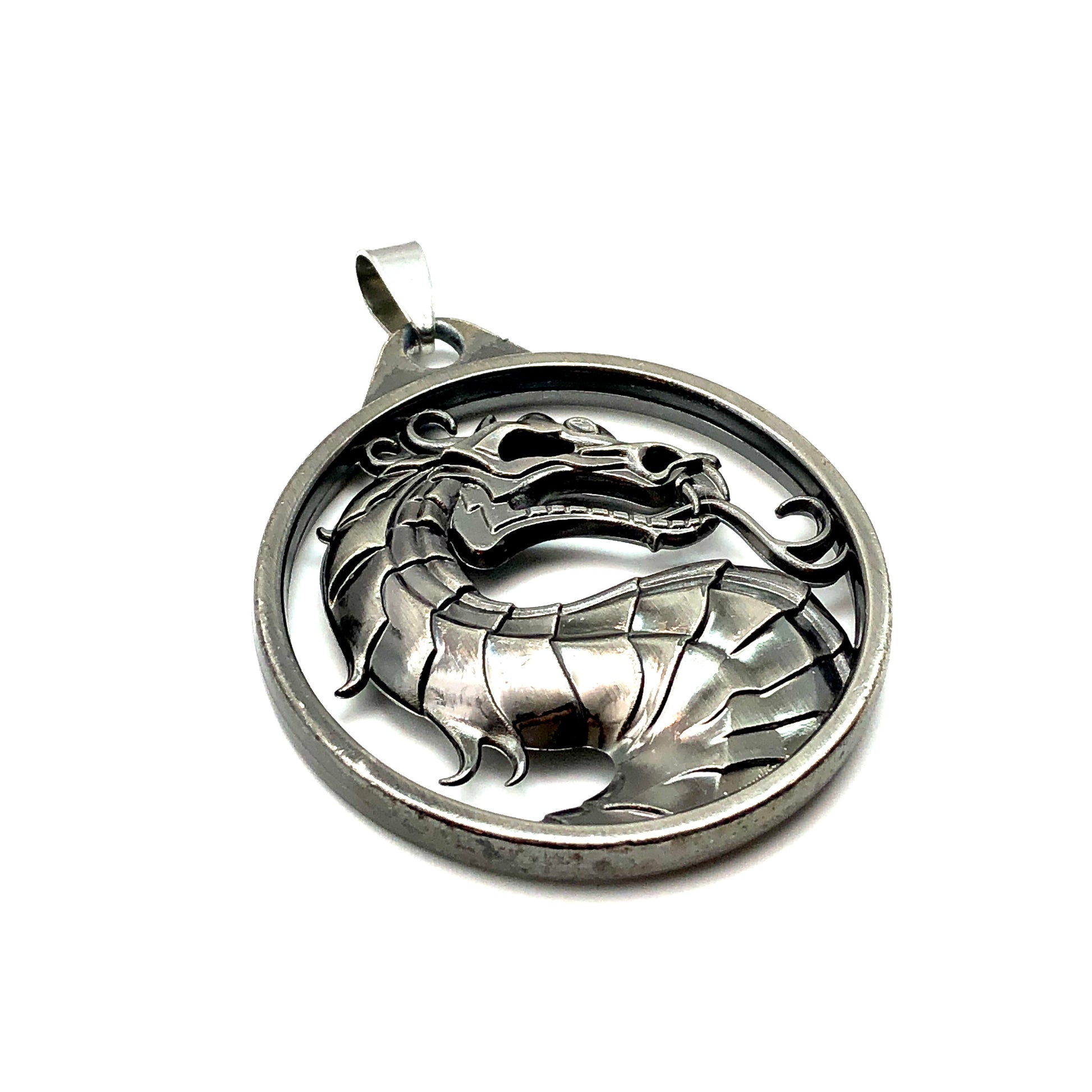 Pendant - Men's Edgy Style Oxidized Carbon Mythical Dragon Medallion Pendant | Estate Jewelry | Snake Pendant