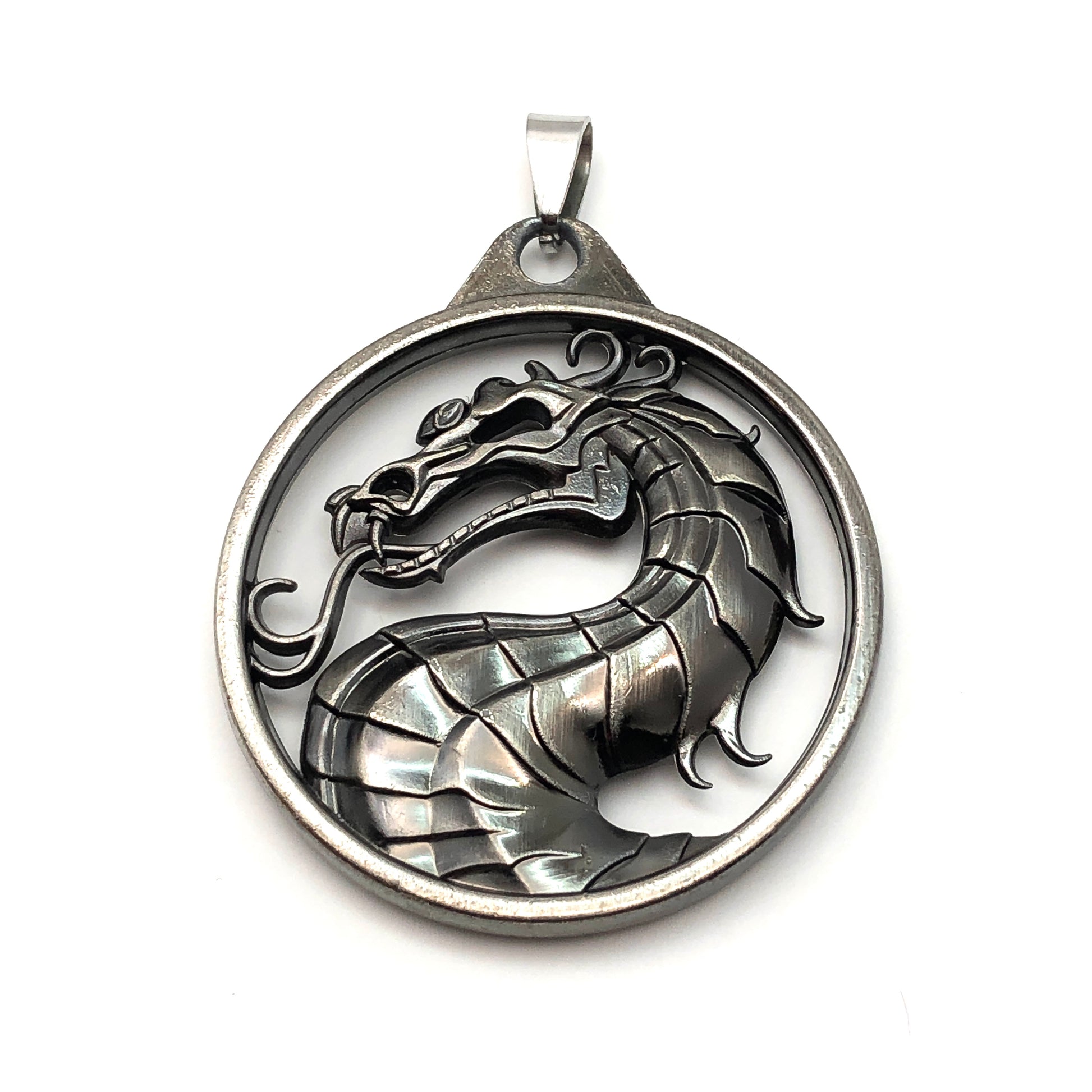 Pendant - Men's Edgy Style Oxidized Carbon Mythical Dragon Medallion Pendant | Estate Jewelry | Snake Pendant