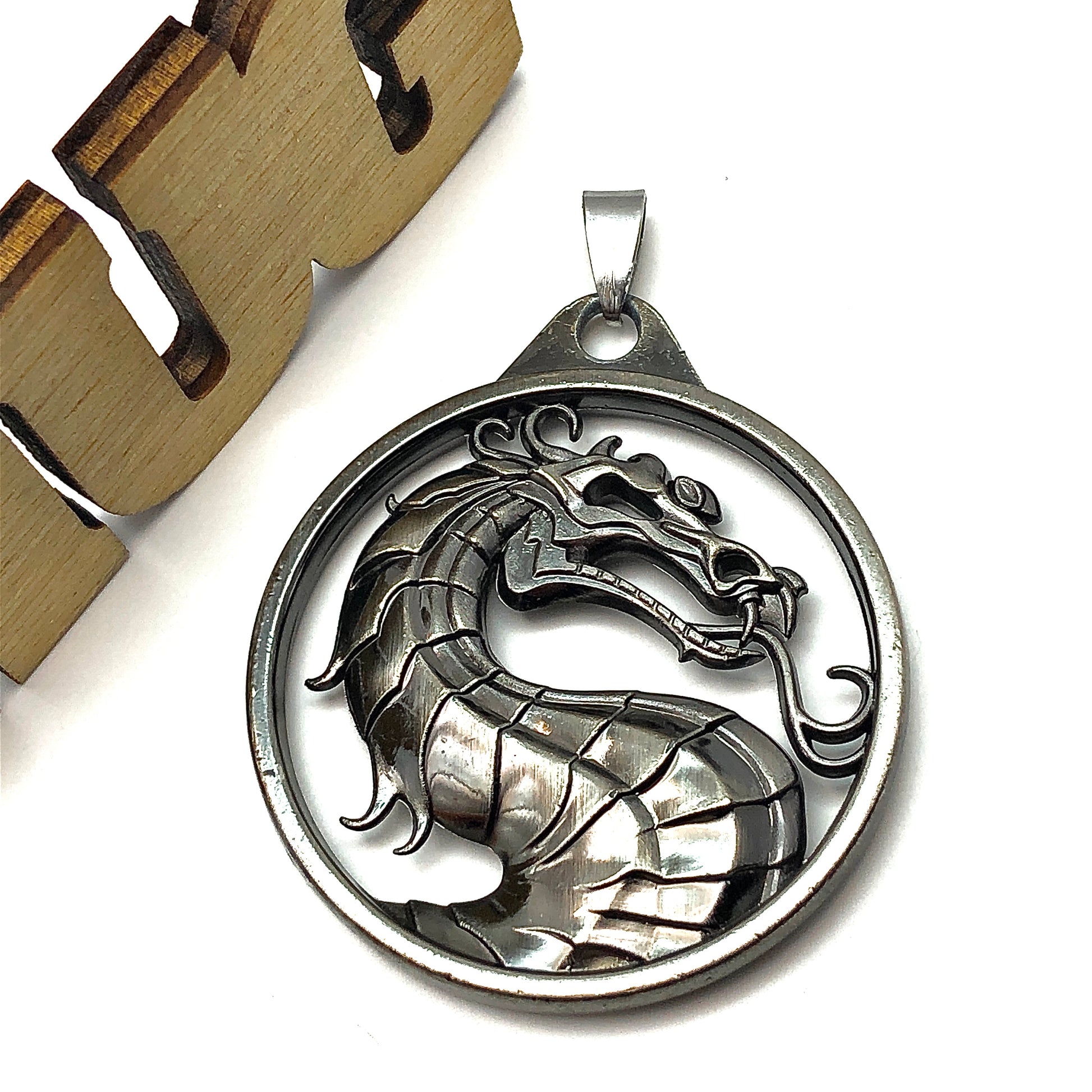 Pendant - Men's Edgy Style Oxidized Carbon Mythical Dragon Medallion Pendant | Estate Jewelry | Snake Pendant