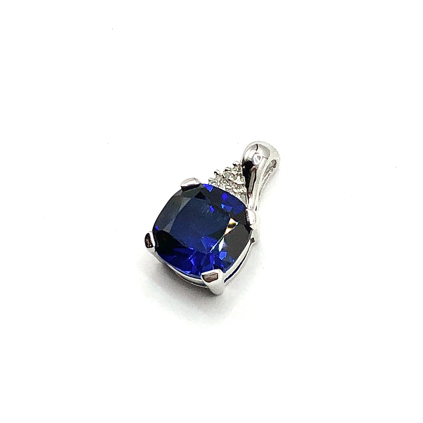 Pendant - Womens Fancy 10k White Gold Royal Blue Sapphire Diamond Pendant