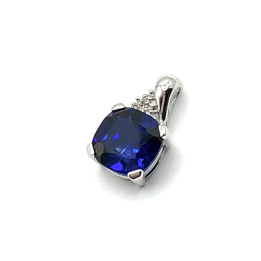 Pendant - Womens Fancy 10k White Gold Royal Blue Sapphire Diamond Pendant - Square Cushion cut Gemstone Pendant