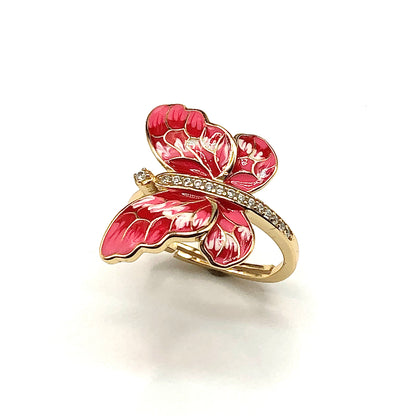 Pink Butterfly Ring - Womens Stunning Gold Sterling Silver Enamel Monarch Ring - sz 6.75 Adjustable Ring