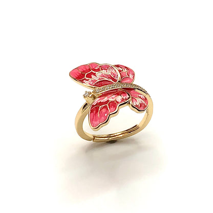 Pink Butterfly Ring - Womens Stunning Gold Sterling Silver Enamel Monarch Ring - sz 6.75 Adjustable Stone Ring