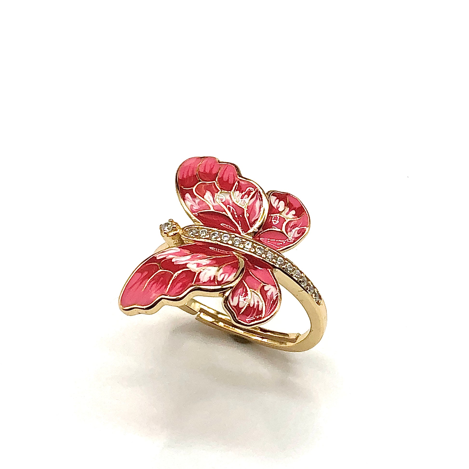 Pink Butterfly Ring - Womens Stunning Gold Sterling Silver Enamel Monarch Ring - sz 6.75 Adjustable Ring