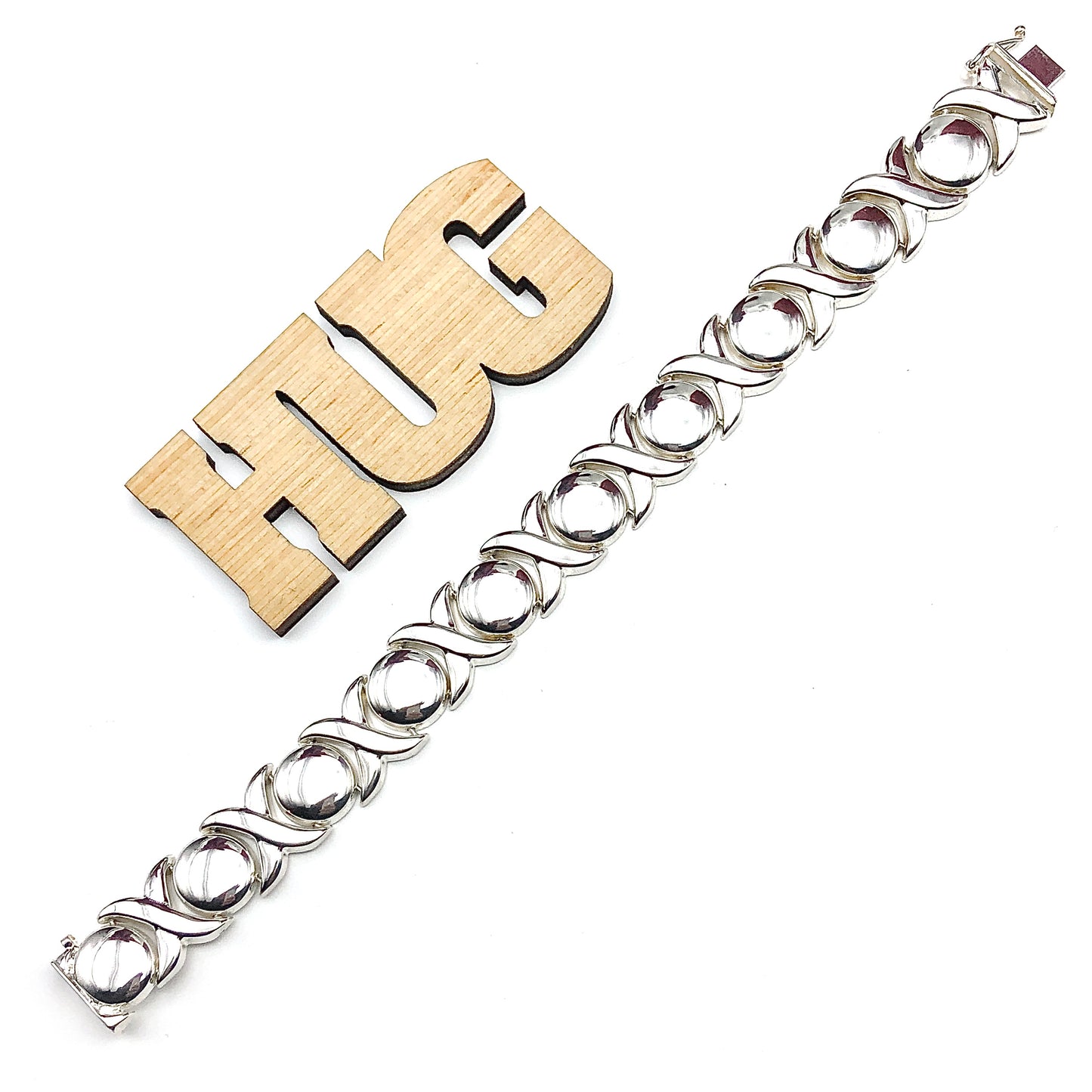 Sterling Silver Bracelet, 7.5" 14mm Wide Hugs Kisses Stampato Style XO Tennis Bracelet - Estate Jewelry online