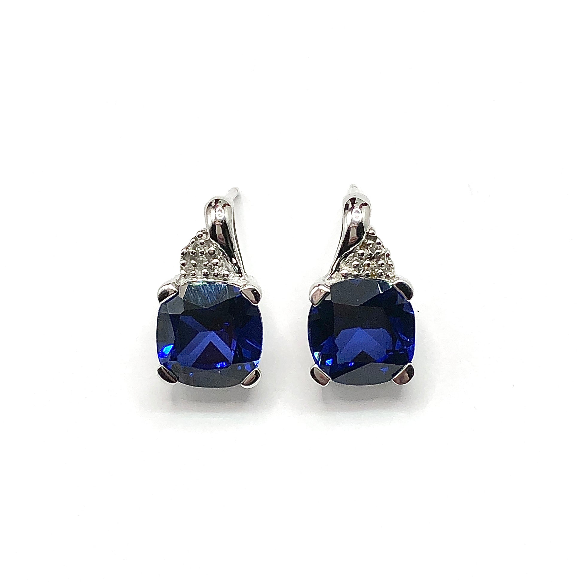 Womens Chrome Fashion Style - Earrings - 10k White Gold Royal Blue Sapphire Diamond Earrings - Drop Earrings