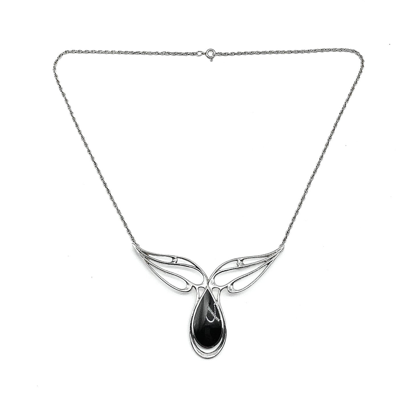 Sterling Silver Necklace, Vintage 1980s Winged Black Teardrop Station Pendant Necklace - Designer Kabana