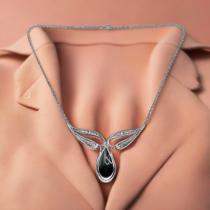 1980s Black Sterling Silver Winged Teardrop Station Pendant Necklace - Designer Kabana KBN