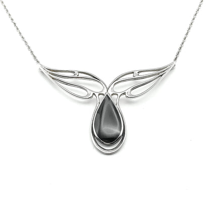 Sterling Silver Necklace, Vintage 1980s Winged Black Teardrop Station Pendant Necklace - Designer KBN Kabana