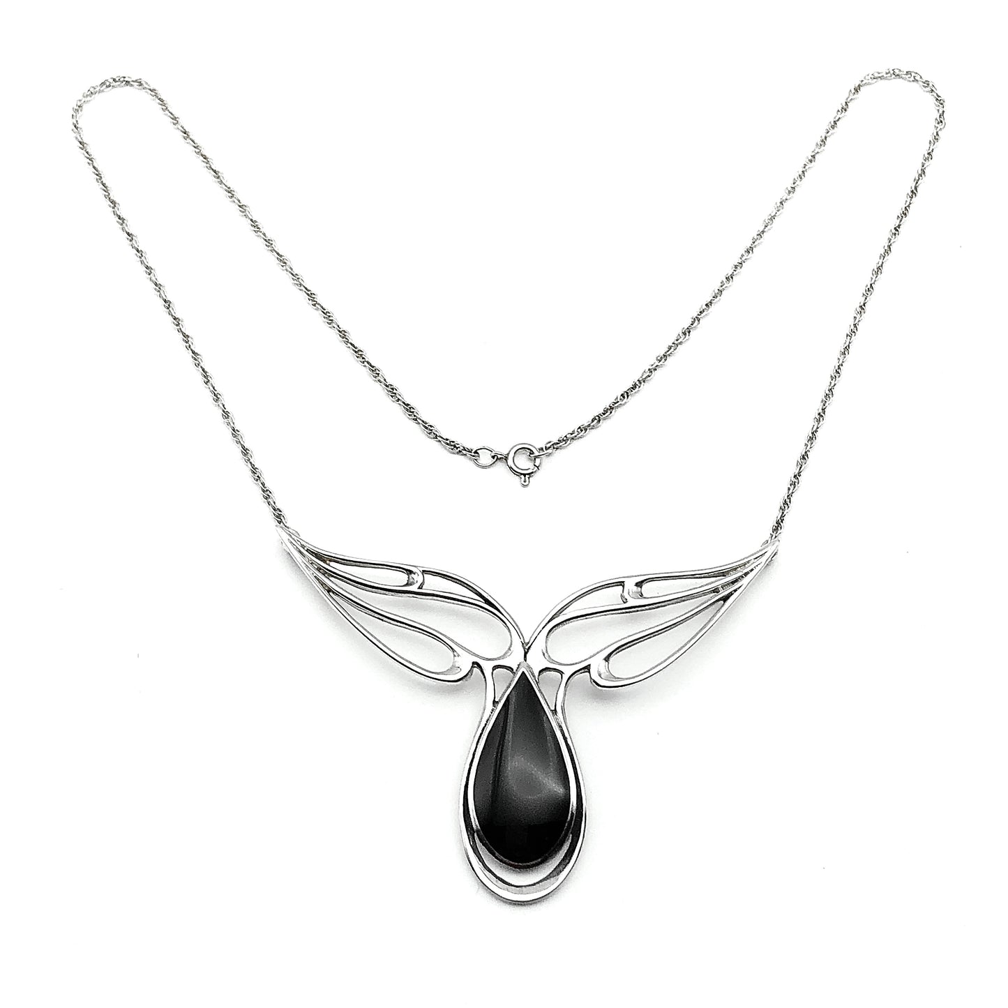 Sterling Silver Necklace, Vintage 1980s Winged Black Teardrop Station Pendant Necklace - Designer Kabana - Blingschlingers Jewelry