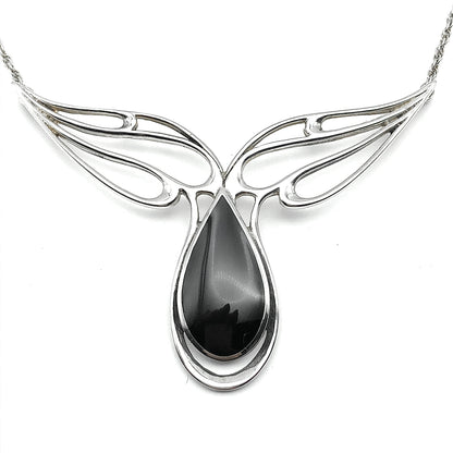 Sterling Silver Necklace, Vintage 1980s Winged Black Teardrop Station Pendant Necklace - Designer Kabana